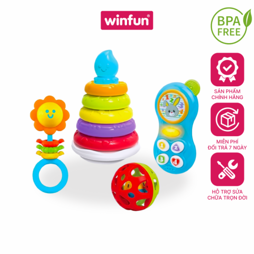 Set quà tặng đồ chơi sơ sinh cho bé – Thả khối, tập bò, gặm nướu, điện thoại cầm tay Winfun 3035-NL
