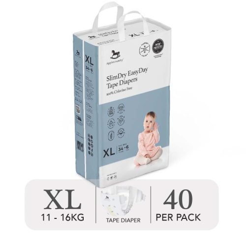 Bỉm tã dán ngày Applecrumby Slimdry Easyday Mega Tape size XL – 34+6 miếng (11-16kg)