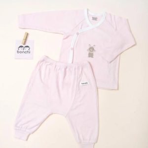 Bộ quần áo dài sơ sinh nút lệch Bonchi hồng- Newborn
