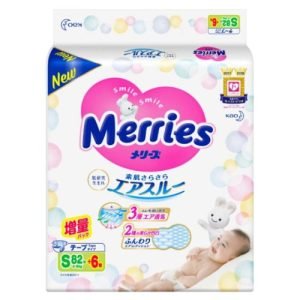 Bỉm – Tã dán Merries cộng miếng size S 82 + 6 miếng (4 – 8kg)